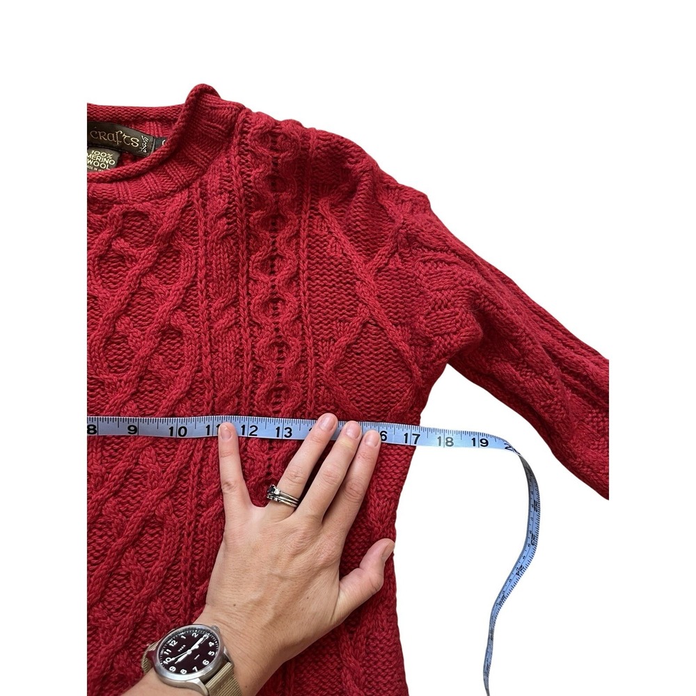 Inis Crafts Women's Red Cable Knit roll Crewneck Pullover 100% Merino Wool S Y2K - Picture 3 of 6